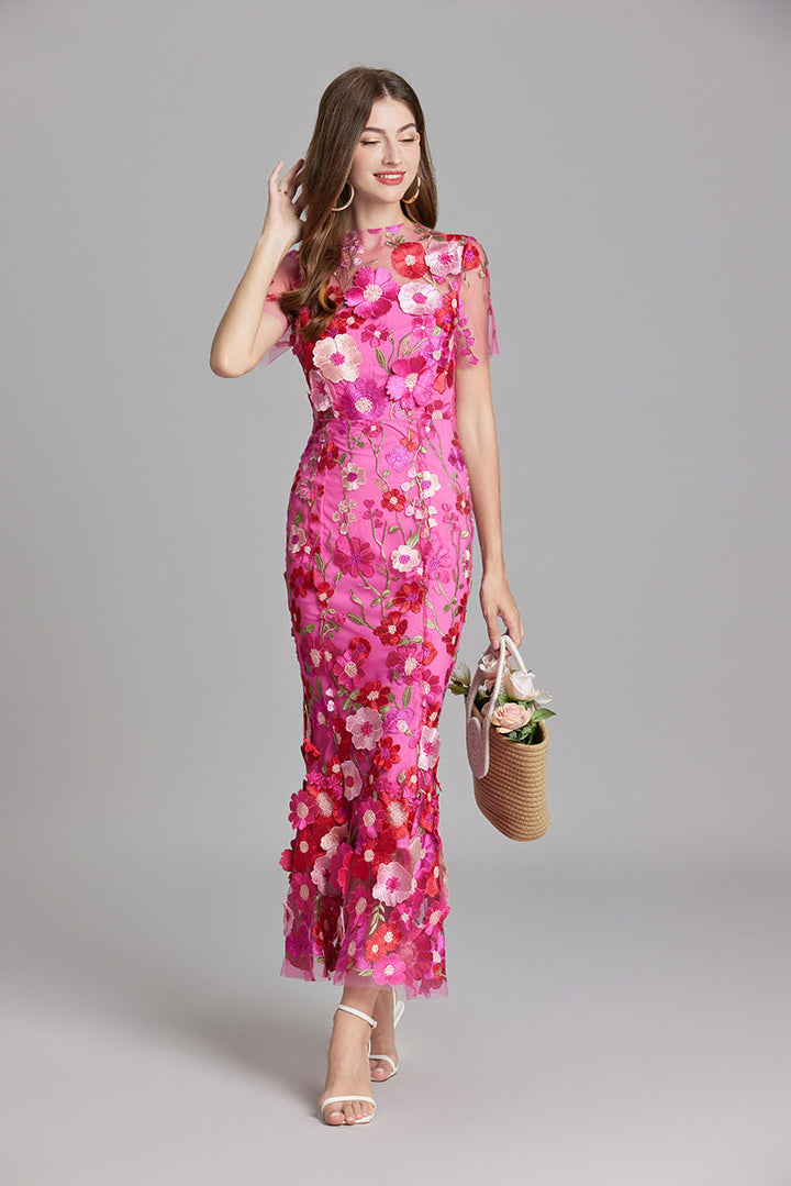 3D Floral Appliqué Sheer Mesh Bodycon Midi Dress - Wedding Guest