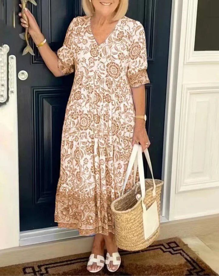 Floral Border Print V Neck Tiered Flowy Maxi Dress