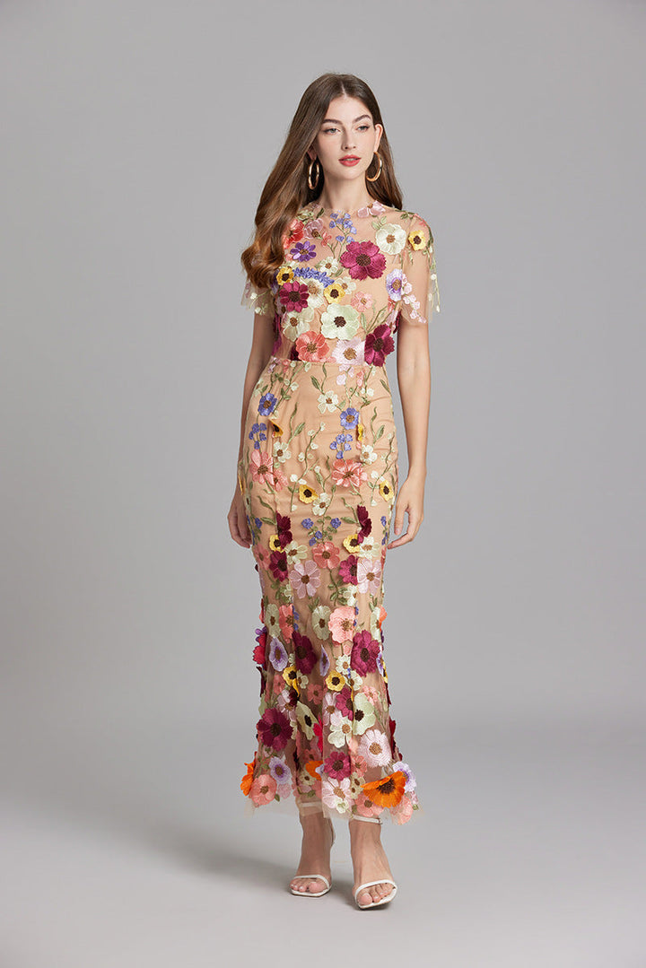 3D Floral Appliqué Sheer Mesh Bodycon Midi Dress - Wedding Guest