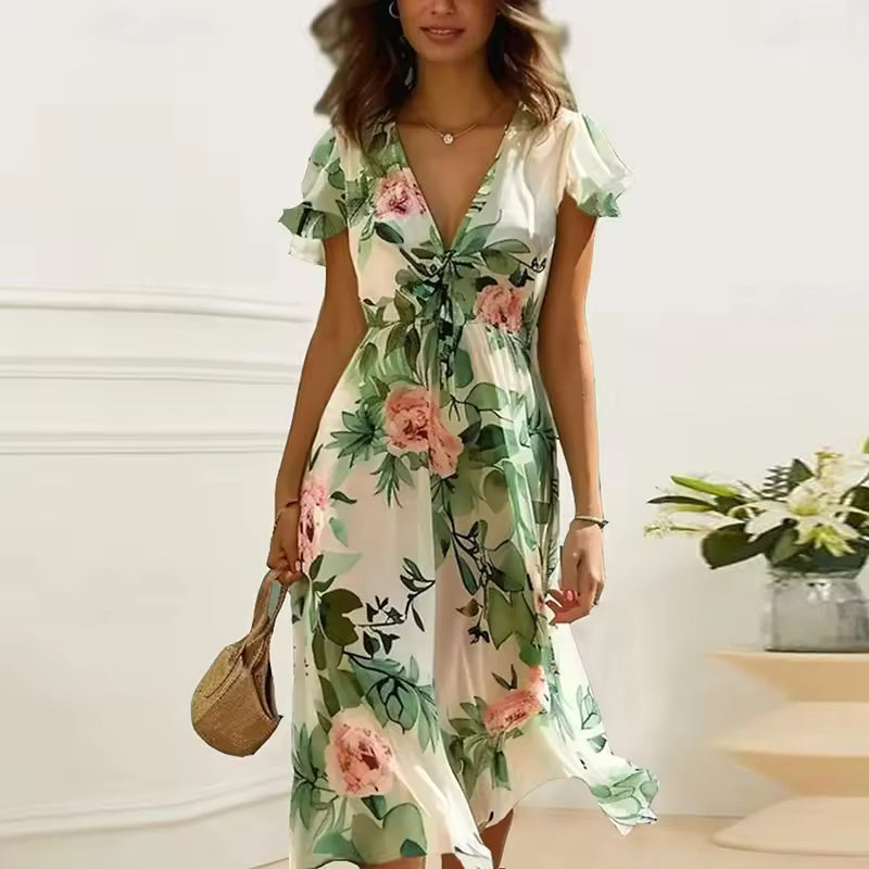 Floral Ruffle Sleeve V Neck Midi Summer Dress