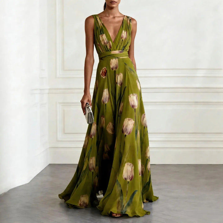 Floral Tulip Print Deep V Neck Chiffon Maxi Dress - Wedding Guest
