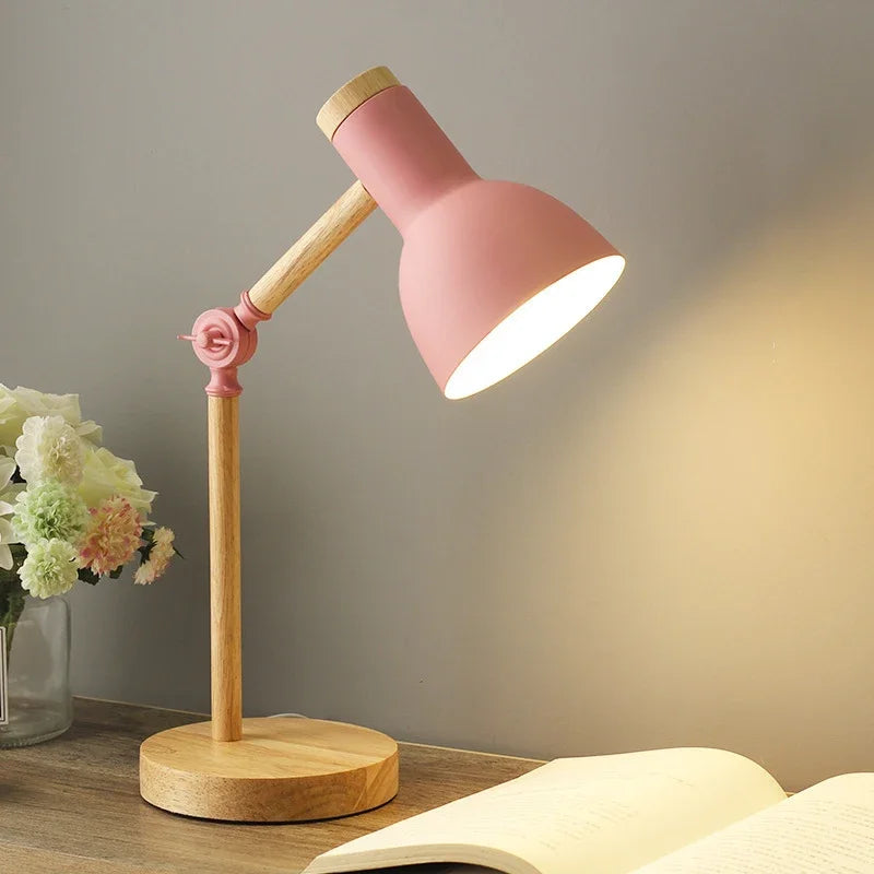 Adjustable Nordic wooden table lamp with colored shade
