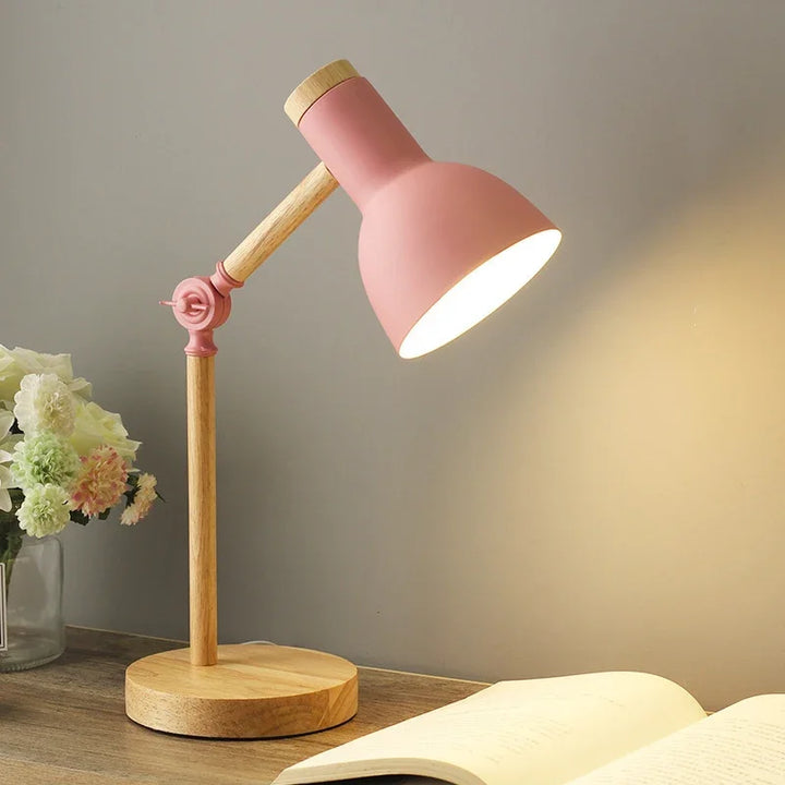 Adjustable Nordic wooden table lamp with colored shade