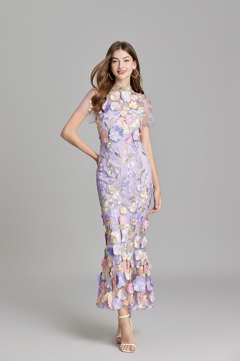 3D Floral Appliqué Sheer Mesh Bodycon Midi Dress - Wedding Guest
