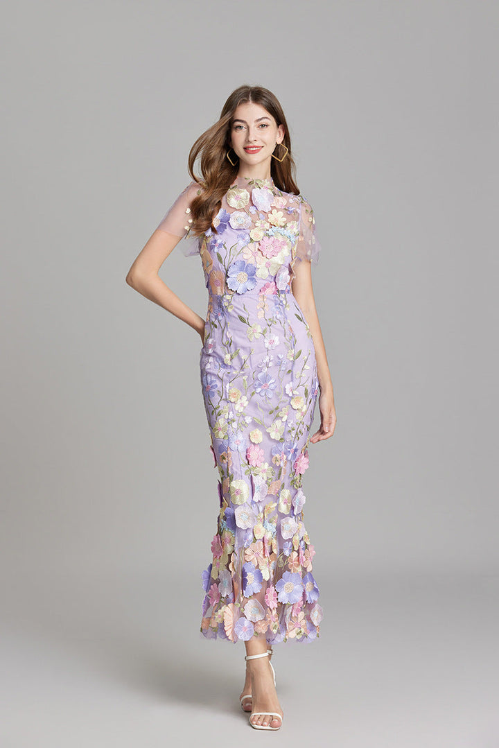 3D Floral Appliqué Sheer Mesh Bodycon Midi Dress - Wedding Guest