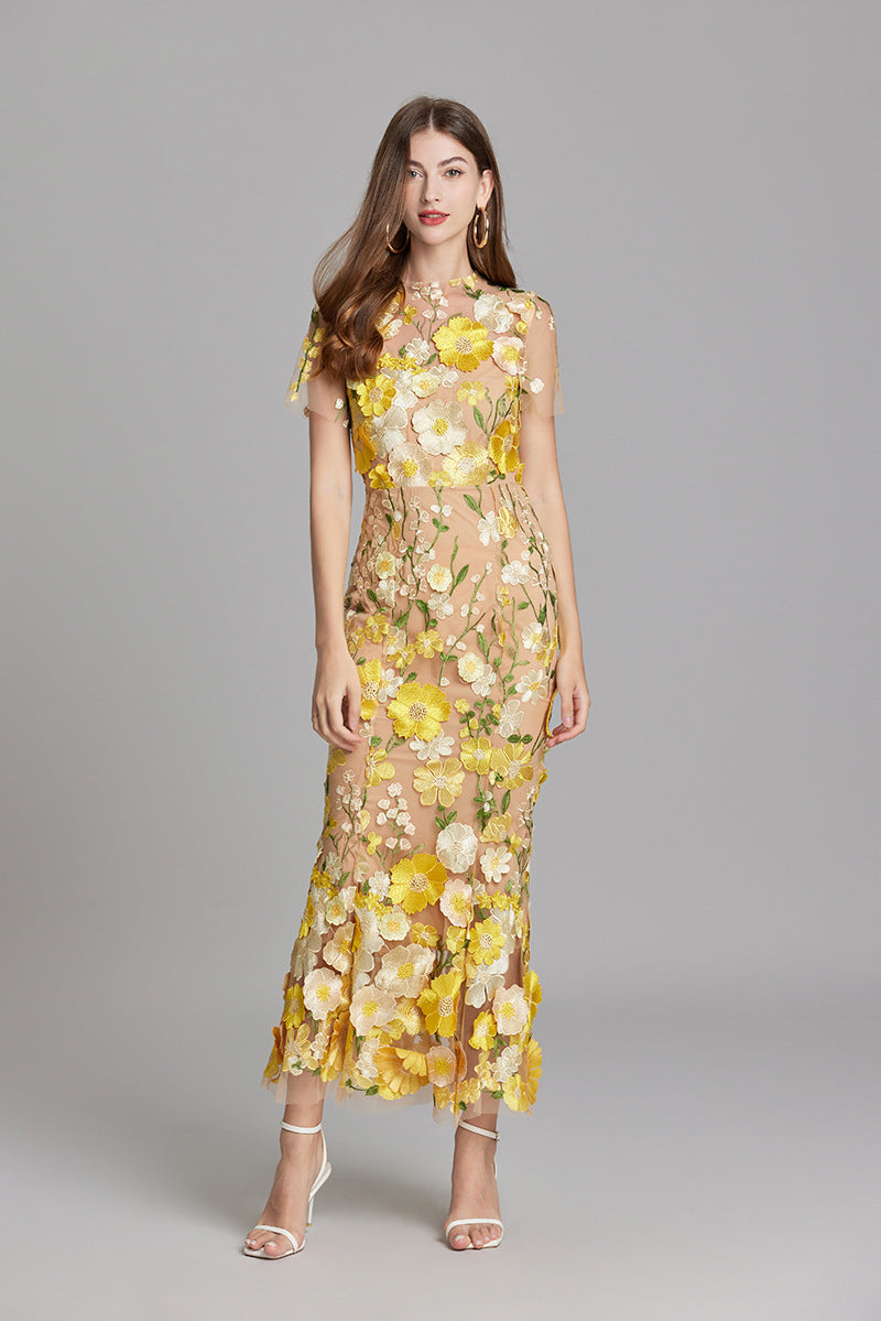 3D Floral Appliqué Sheer Mesh Bodycon Midi Dress - Wedding Guest
