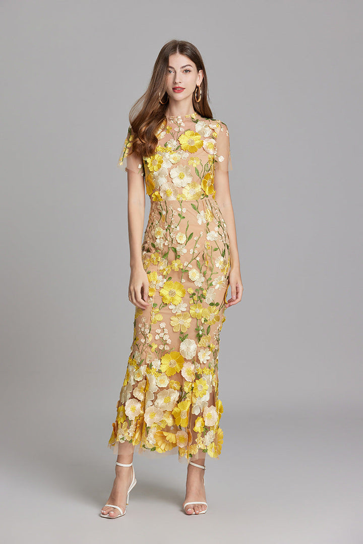 3D Floral Appliqué Sheer Mesh Bodycon Midi Dress - Wedding Guest