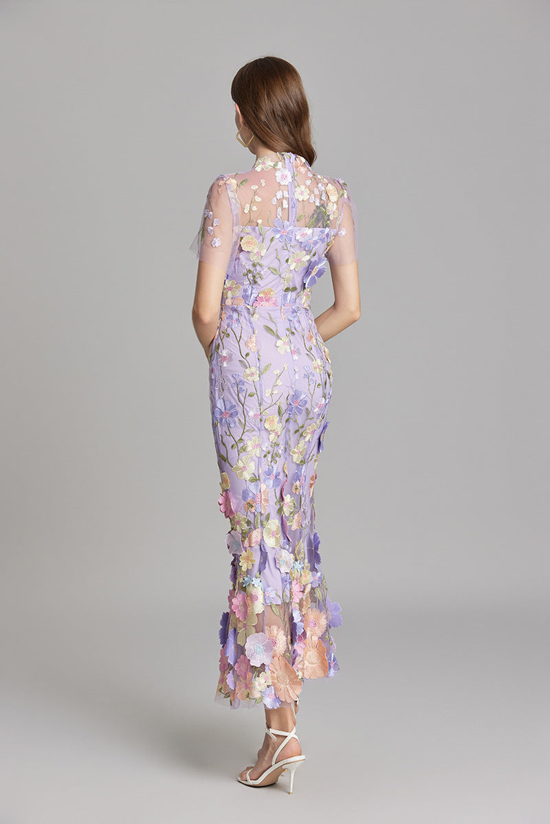3D Floral Appliqué Sheer Mesh Bodycon Midi Dress - Wedding Guest