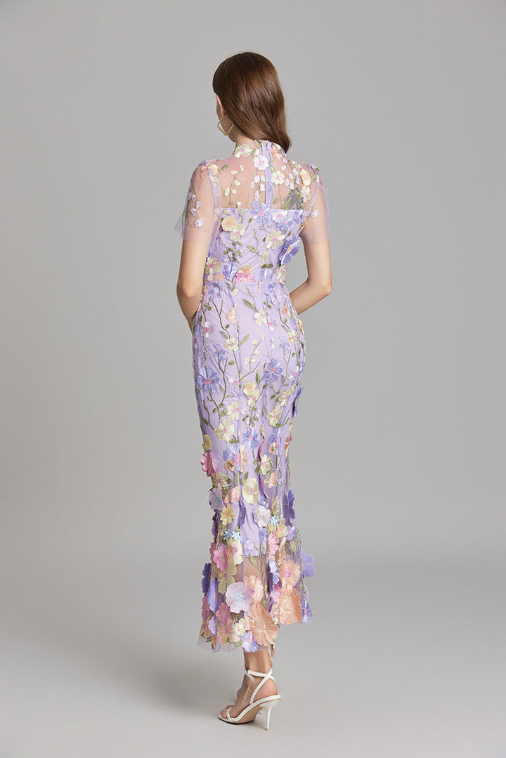 3D Floral Appliqué Sheer Mesh Bodycon Midi Dress - Wedding Guest