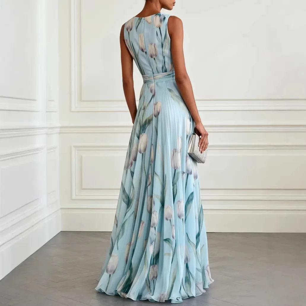 Floral Tulip Print Deep V Neck Chiffon Maxi Dress - Wedding Guest