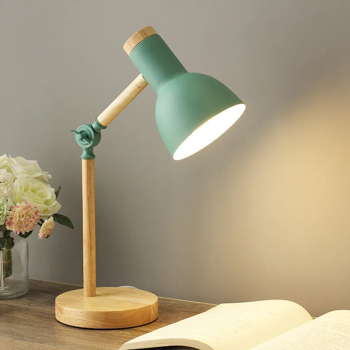 Adjustable Nordic wooden table lamp with colored shade