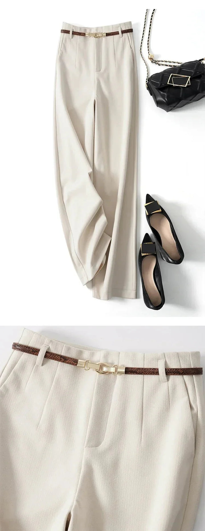 High-Waist Wide Leg Trousers for Women – Tailored Polyester Workwear with Belt