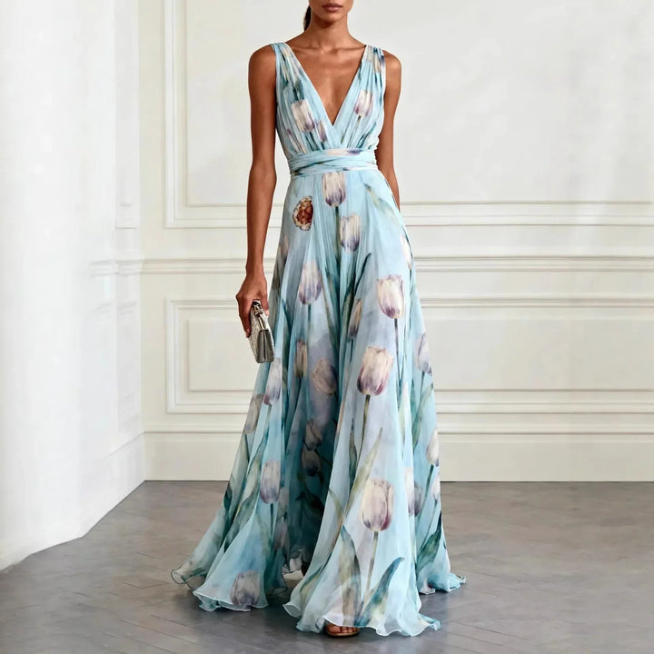 Floral Tulip Print Deep V Neck Chiffon Maxi Dress - Wedding Guest