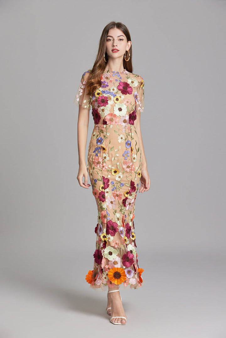 3D Floral Appliqué Sheer Mesh Bodycon Midi Dress - Wedding Guest