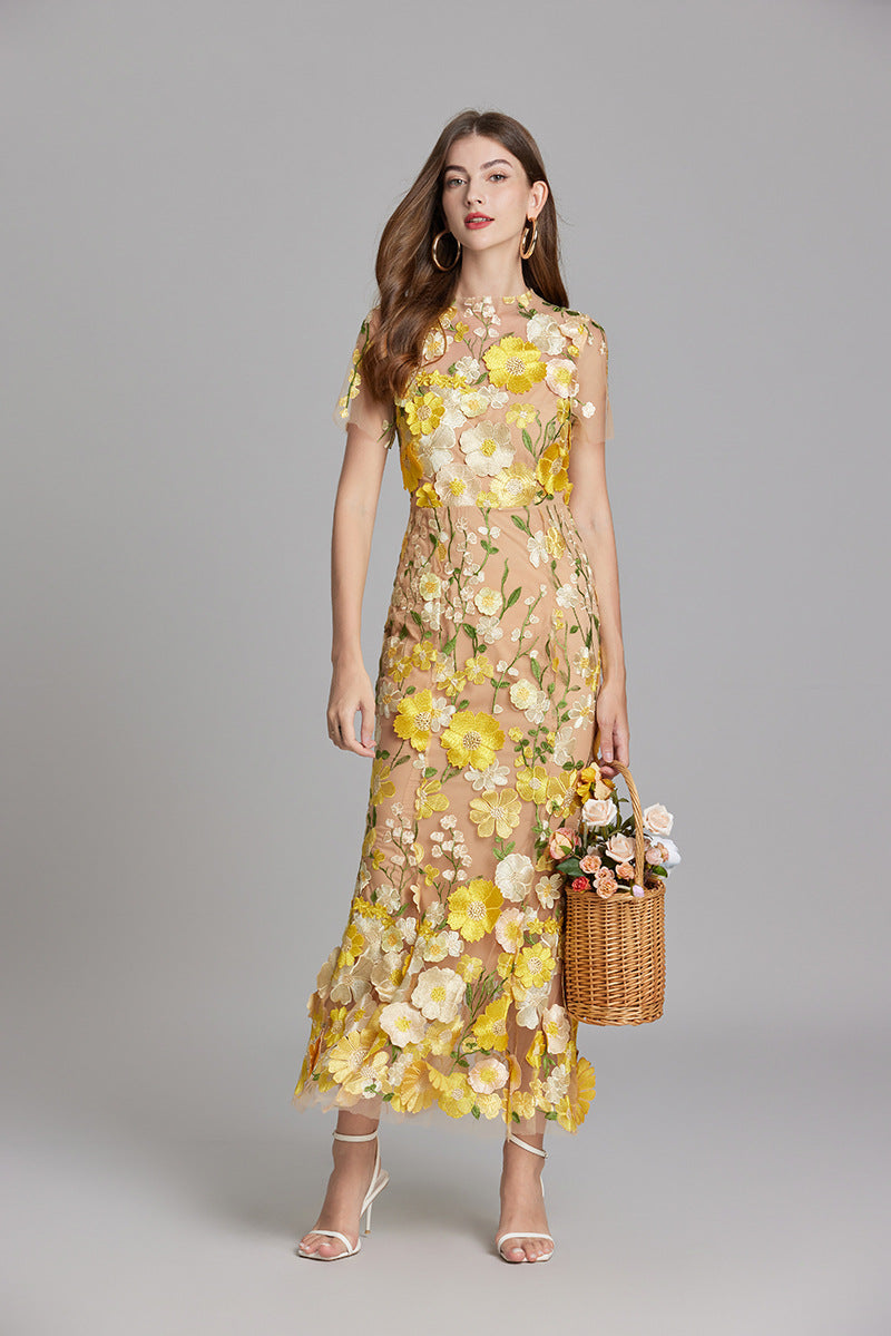 3D Floral Appliqué Sheer Mesh Bodycon Midi Dress - Wedding Guest