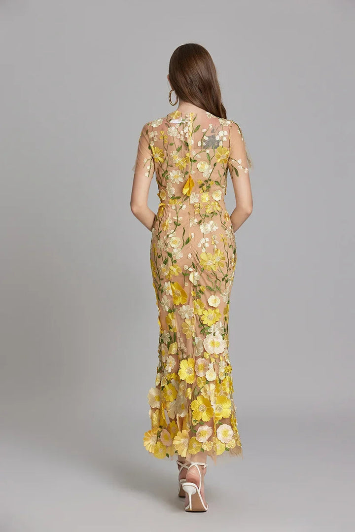 3D Floral Appliqué Sheer Mesh Bodycon Midi Dress - Wedding Guest