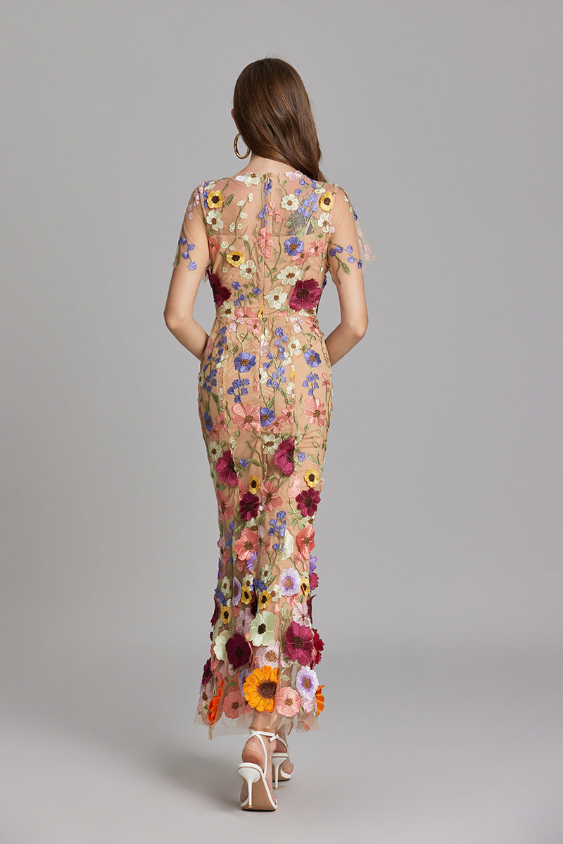3D Floral Appliqué Sheer Mesh Bodycon Midi Dress - Wedding Guest