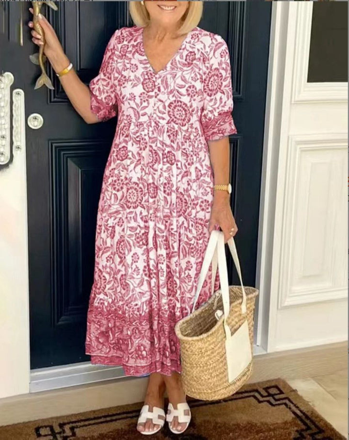 Floral Border Print V Neck Tiered Flowy Maxi Dress