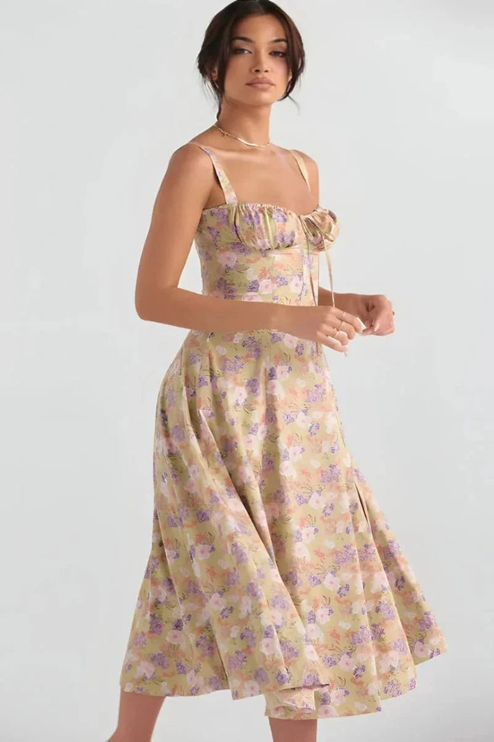 Floral Midi Dress for Women Summer Square Neck Sleeveless A-Line Dress