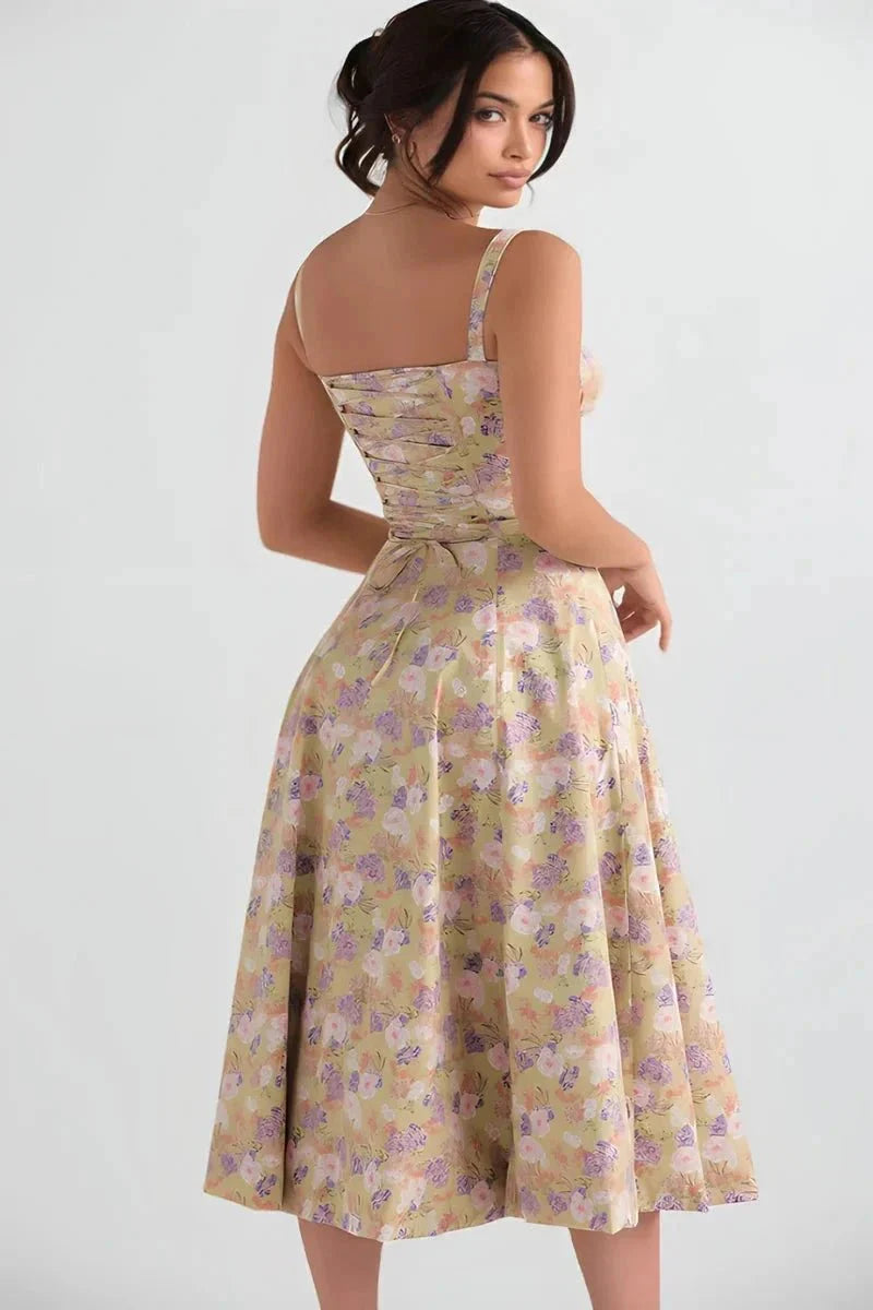 Floral Midi Dress for Women Summer Square Neck Sleeveless A-Line Dress