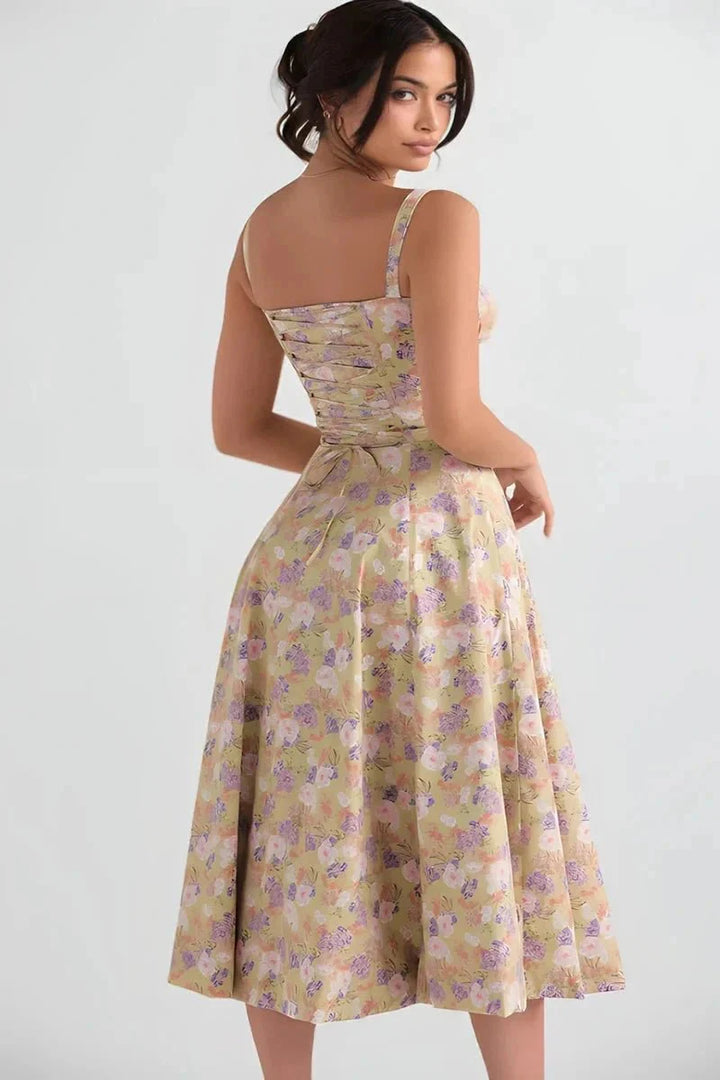 Floral Midi Dress for Women Summer Square Neck Sleeveless A-Line Dress