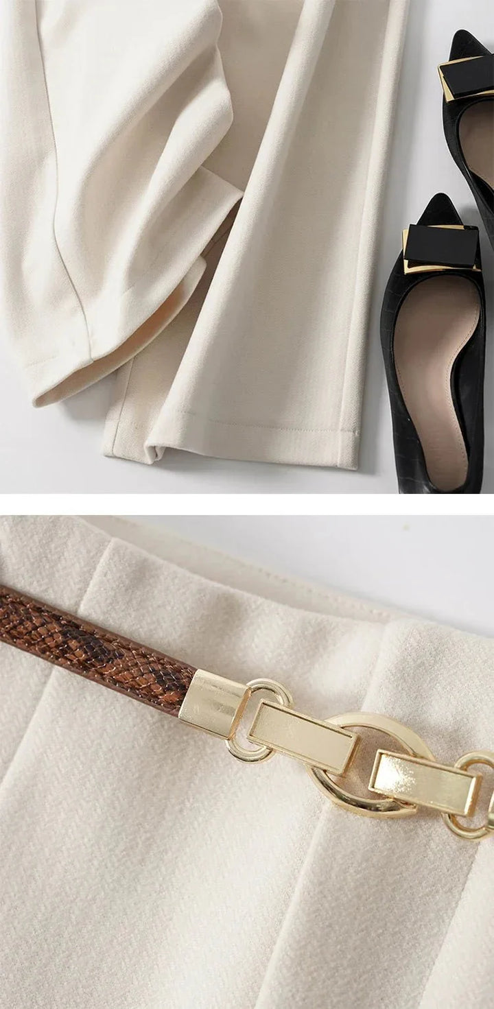 High-Waist Wide Leg Trousers for Women – Tailored Polyester Workwear with Belt