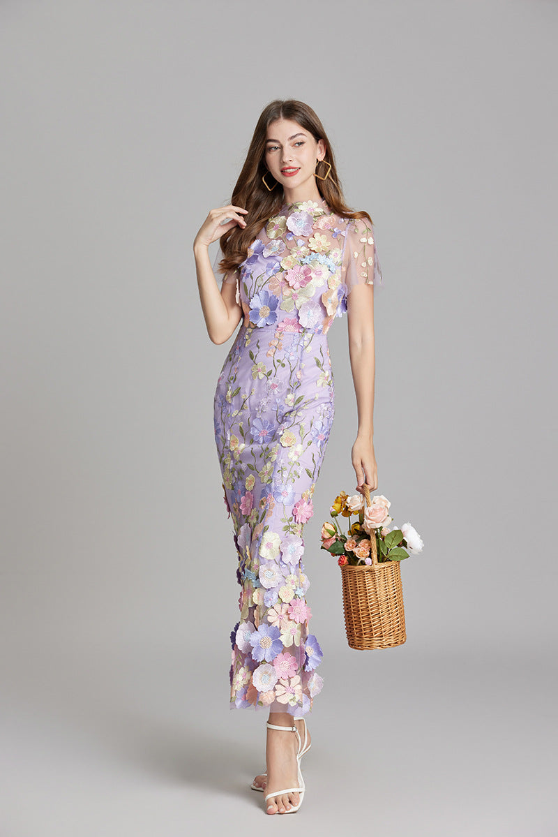 3D Floral Appliqué Sheer Mesh Bodycon Midi Dress - Wedding Guest