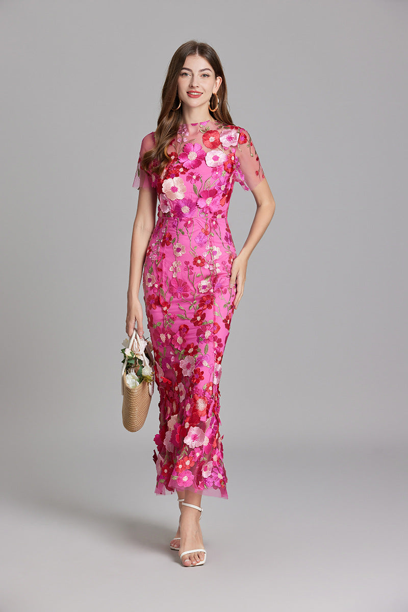 3D Floral Appliqué Sheer Mesh Bodycon Midi Dress - Wedding Guest