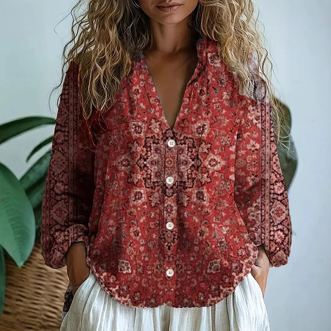 Women’s Blouse | Printed V-Neck Long Sleeve
