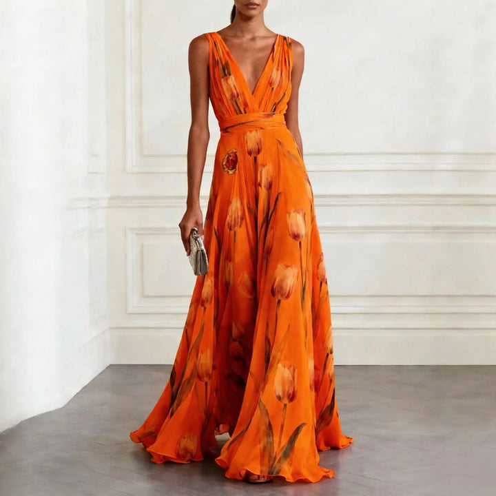Floral Tulip Print Deep V Neck Chiffon Maxi Dress - Wedding Guest
