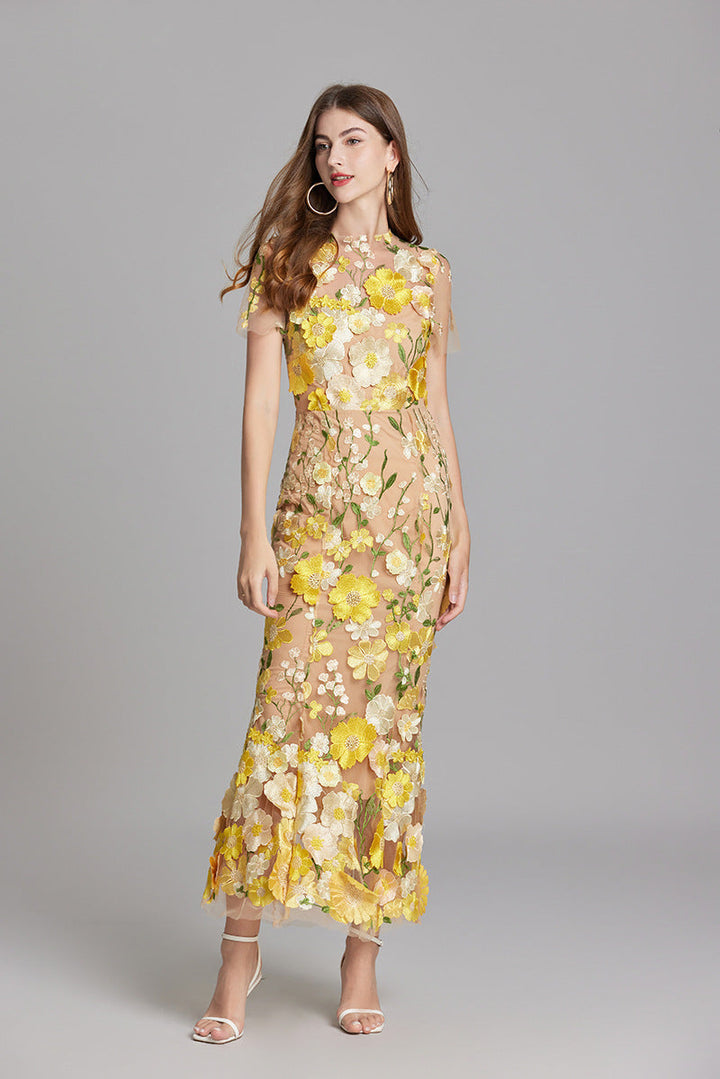 3D Floral Appliqué Sheer Mesh Bodycon Midi Dress - Wedding Guest