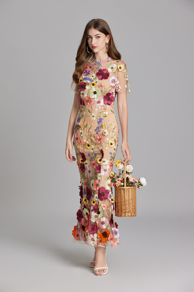 3D Floral Appliqué Sheer Mesh Bodycon Midi Dress - Wedding Guest