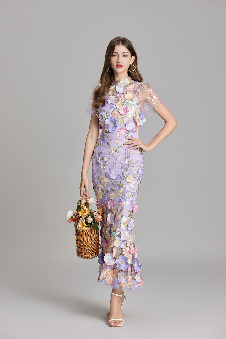 3D Floral Appliqué Sheer Mesh Bodycon Midi Dress - Wedding Guest