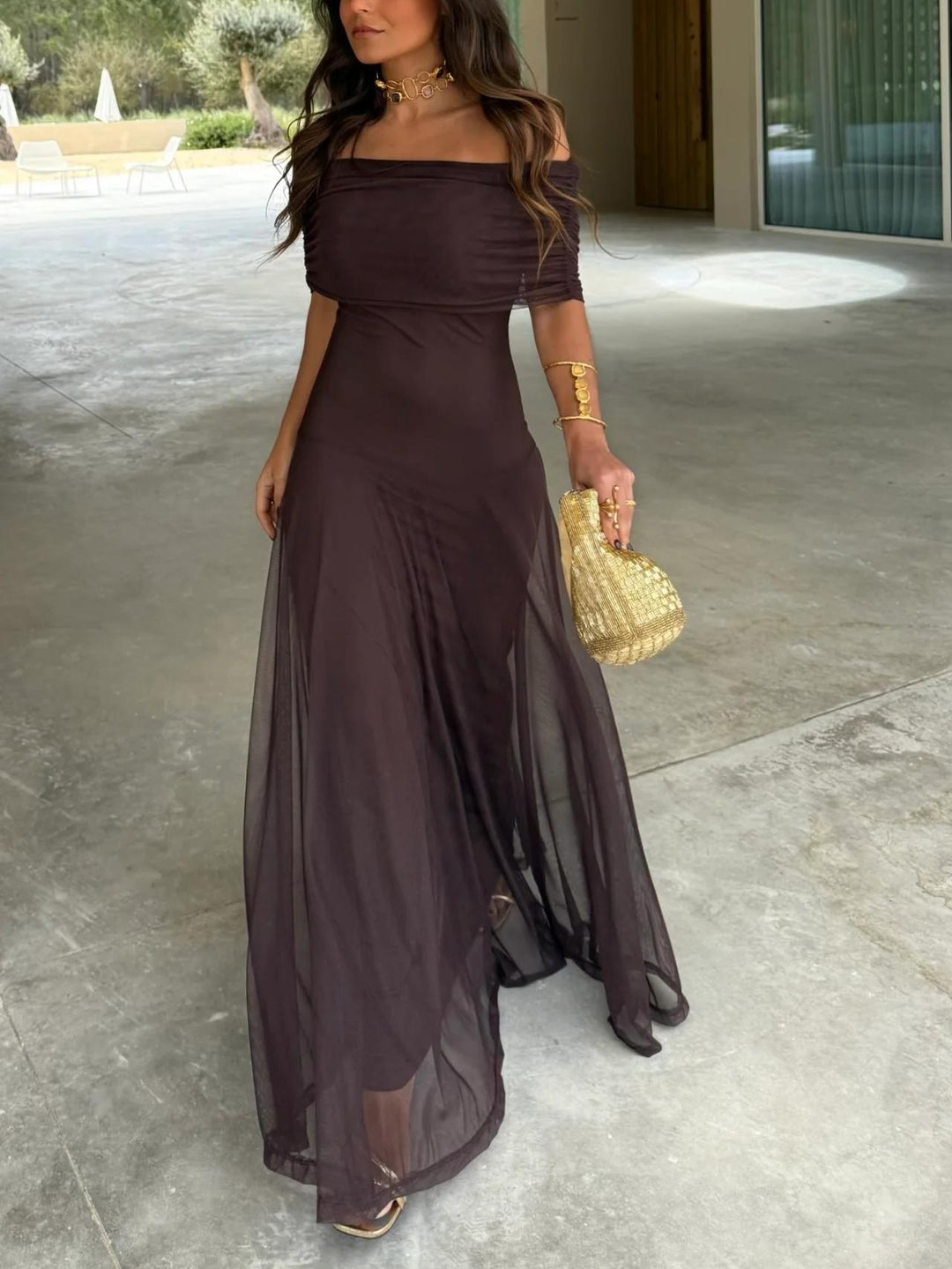 Sheer Mesh Ruched Off Shoulder Flowy Maxi Dress - Formal Evening Gown
