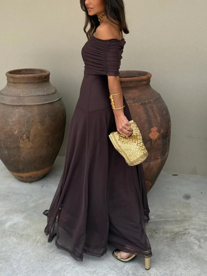 Sheer Mesh Ruched Off Shoulder Flowy Maxi Dress - Formal Evening Gown