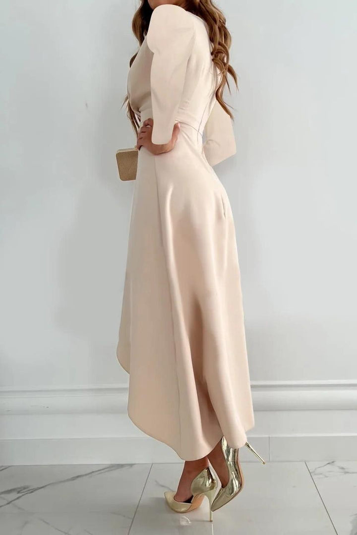 Satin Long Sleeve Ruffle Wrap Midi Dress - Formal Evening