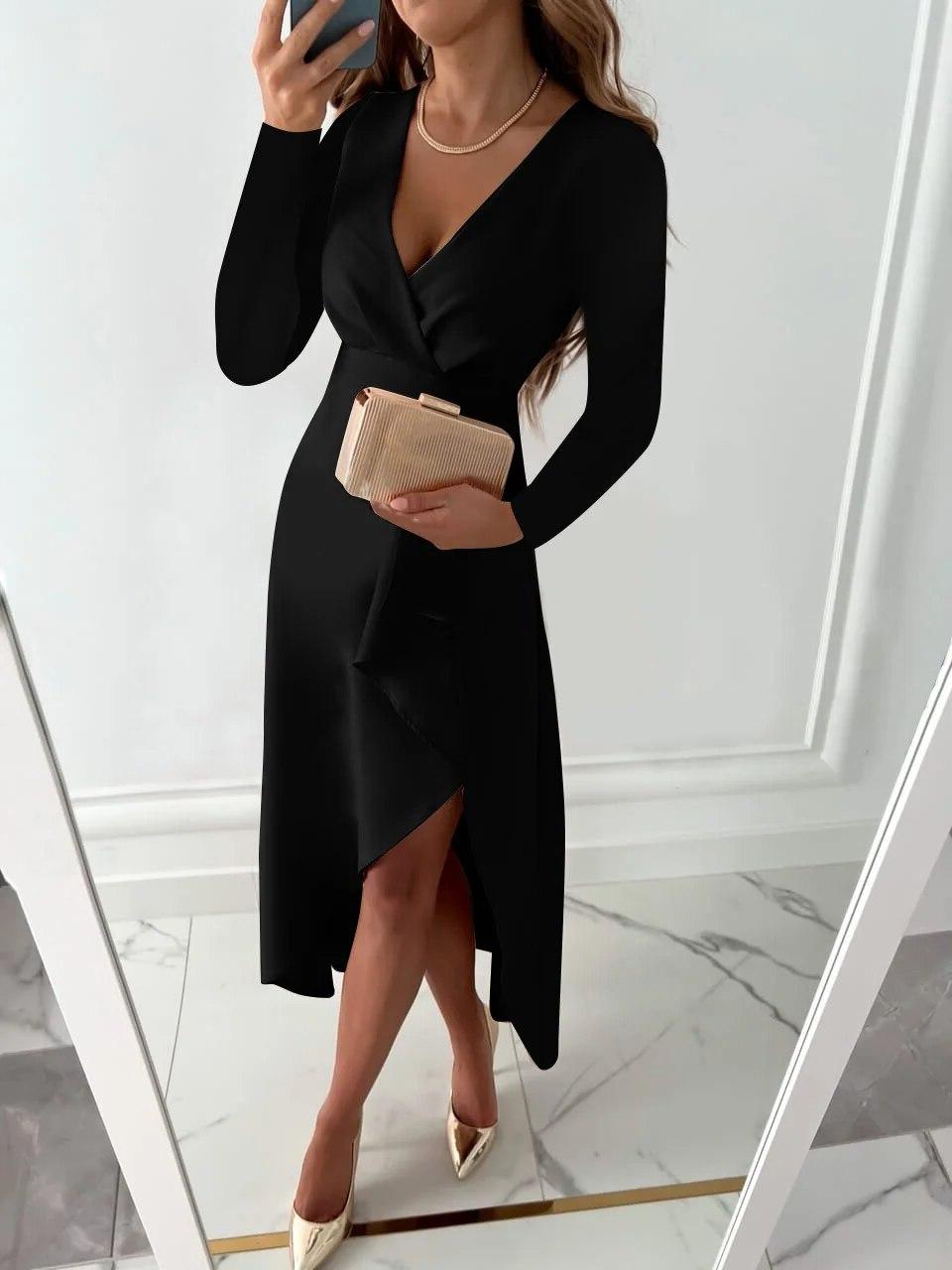 Satin Long Sleeve Ruffle Wrap Midi Dress - Formal Evening