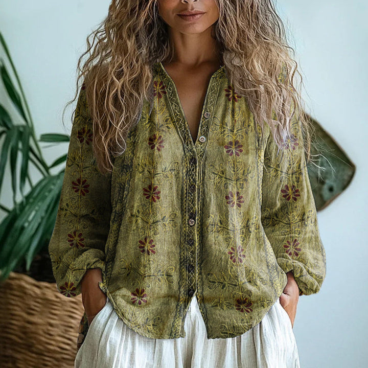 Women’s Blouse | Printed V-Neck Long Sleeve