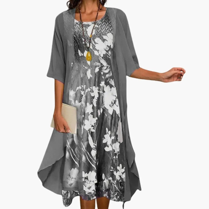 Floral 2-Piece Midi Dress Set Sheer Overlay Cardigan Style