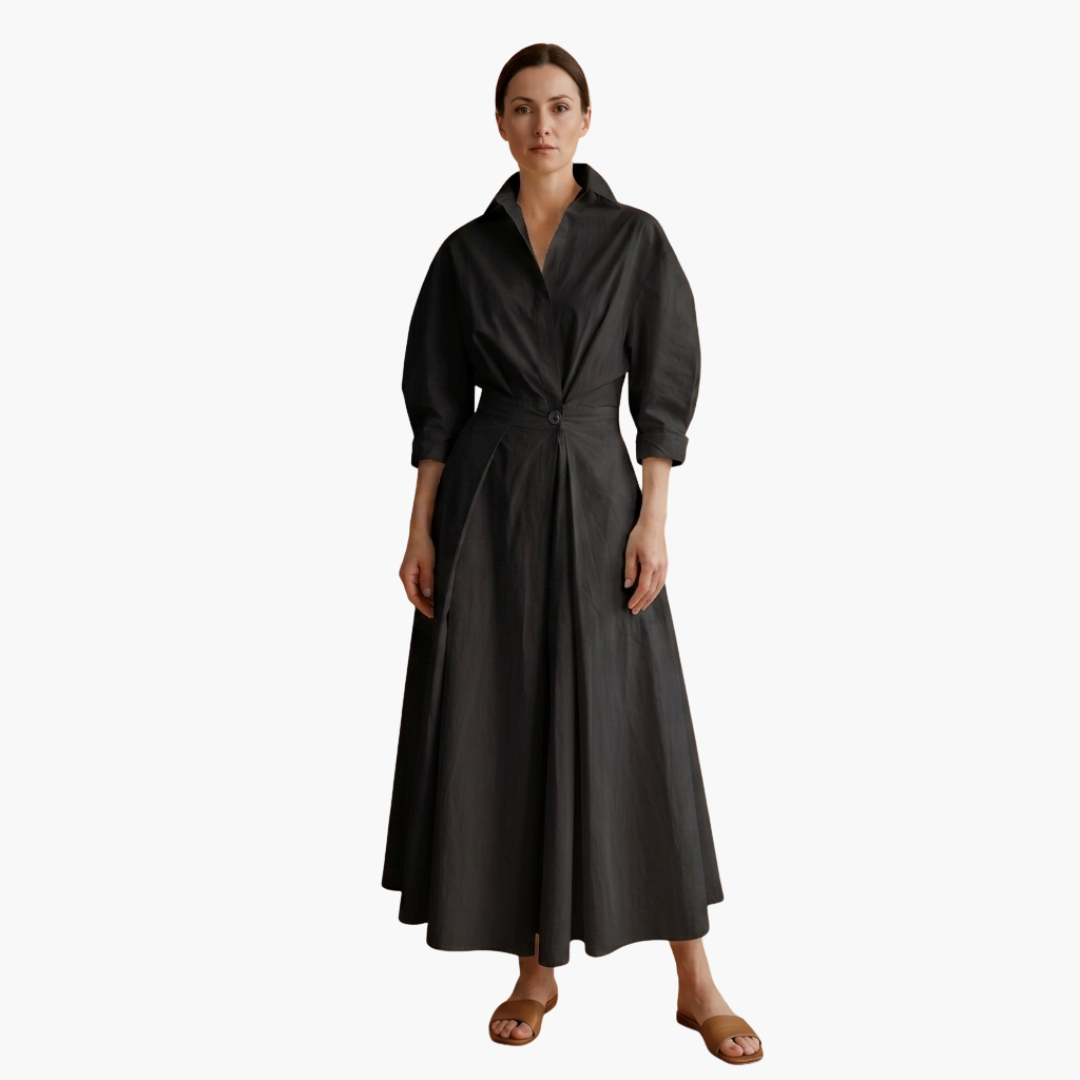 Women’s Long Shirt Dress with Waist Detail and Button Front