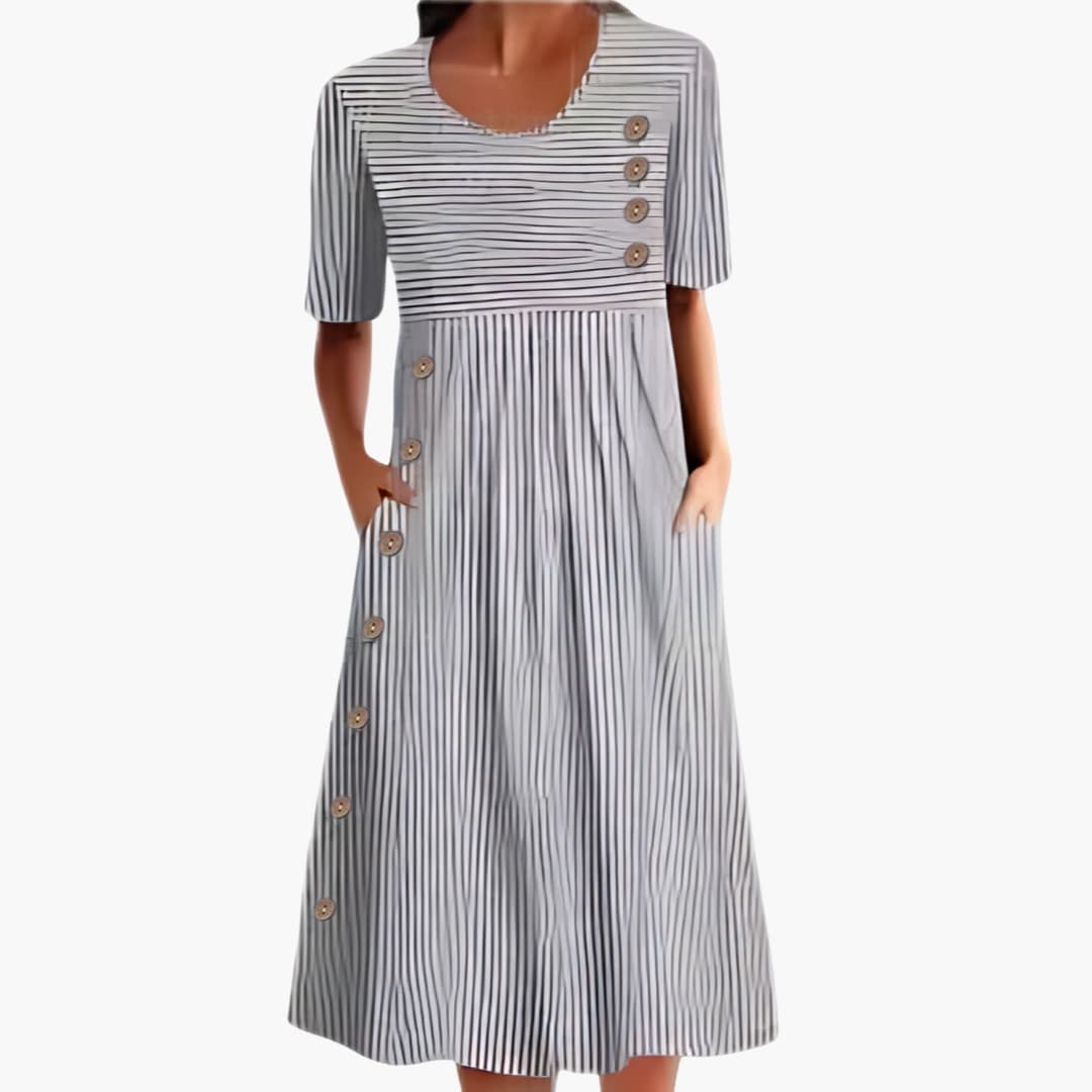 Women’s Striped Midi Dress Button Front 3/4 Sleeve Everyday Dress