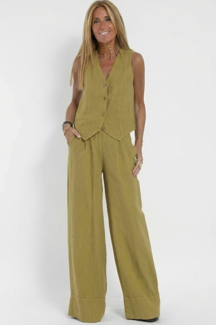Two-Piece Set V-Neck Waistcoat and Wide Leg Trousers