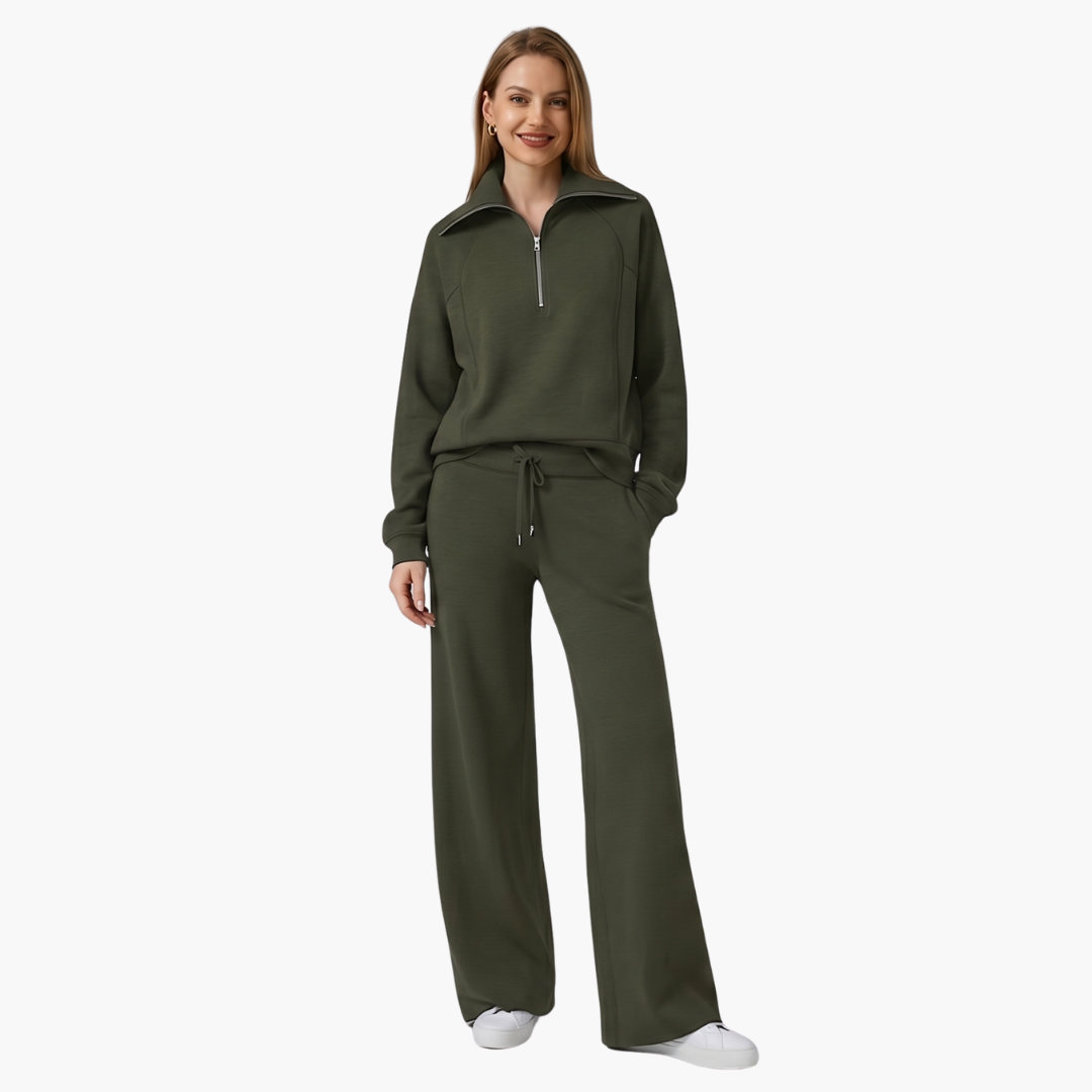 Women's Lounge Set with Half Zip and Wide Pants