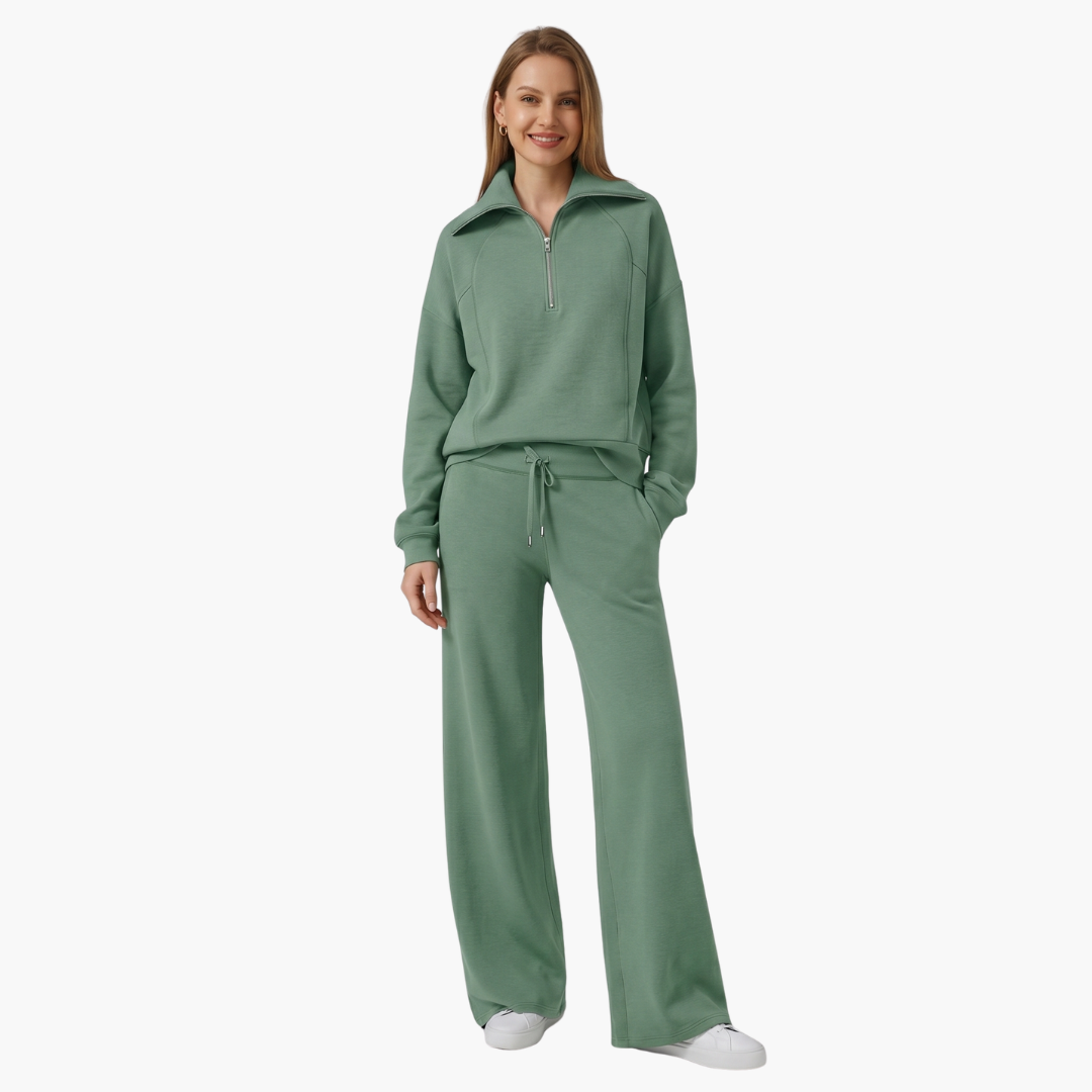 Women's Lounge Set with Half Zip and Wide Pants