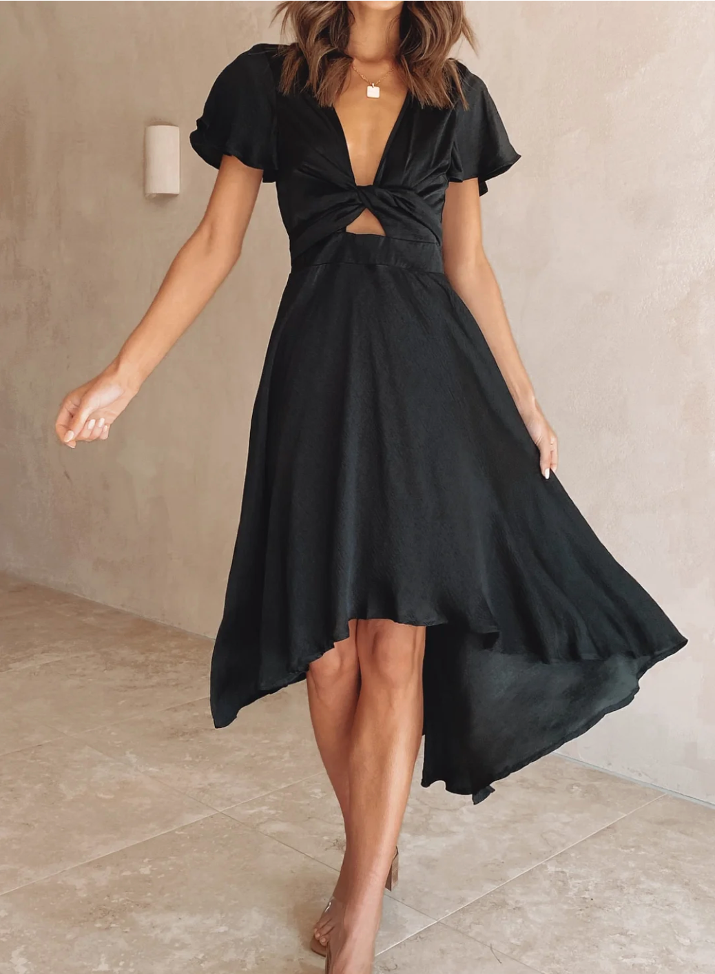 Women's Midi Dress with Bow Tie and Short Sleeves