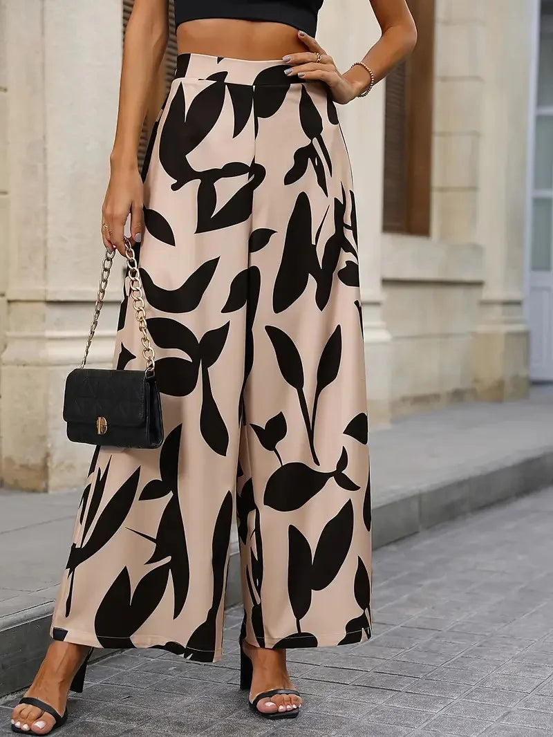 Women's Palazzo Trousers with Leaf Pattern