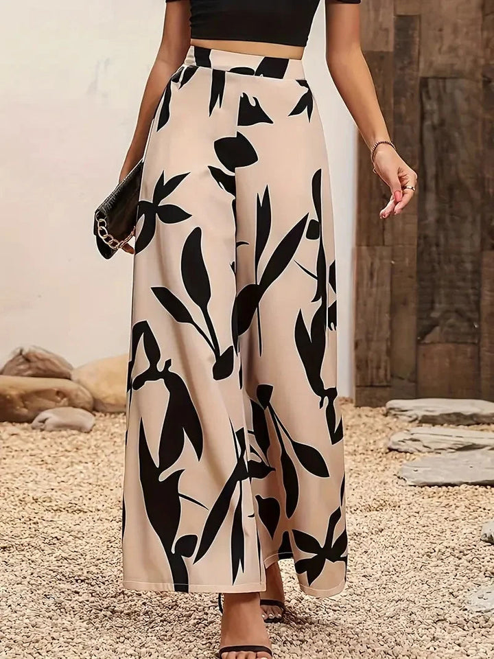 Women's Palazzo Trousers with Leaf Pattern