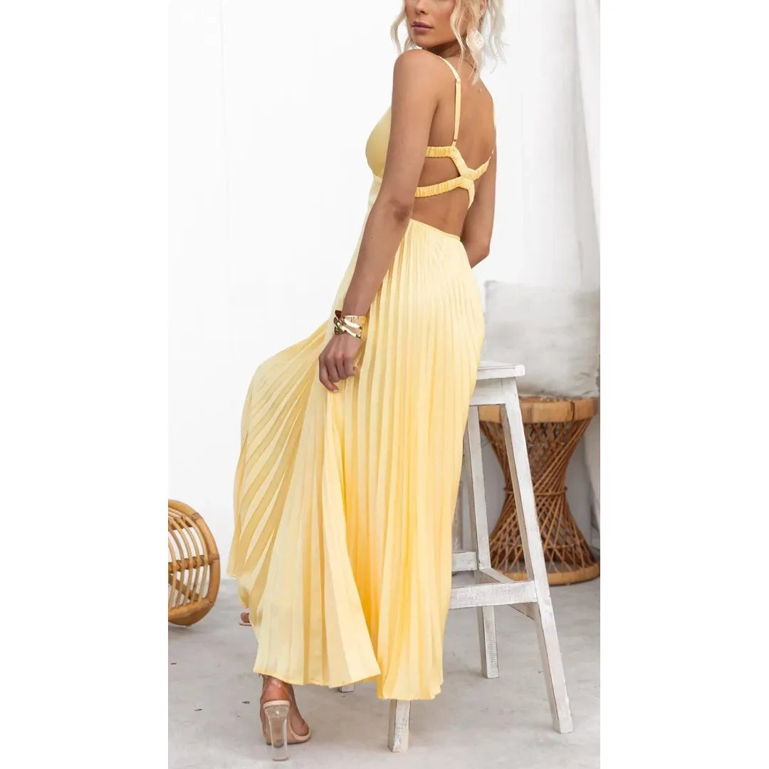 Women's Pleated V-Neck Maxi Dress for Summer Events