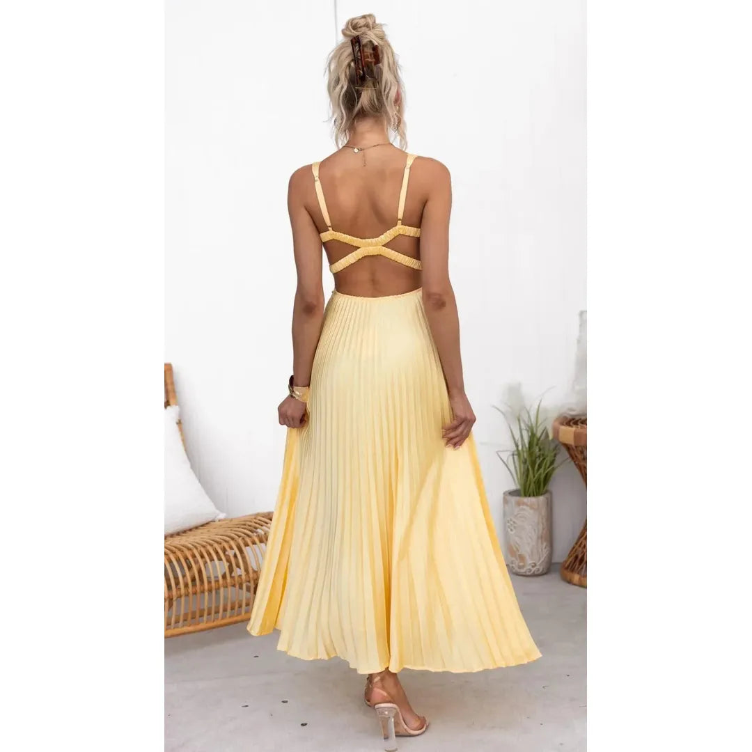 Women's Pleated V-Neck Maxi Dress for Summer Events