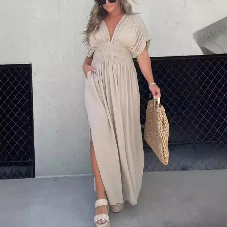 Women's V-Neck Maxi Dress with Side Slit for Summer
